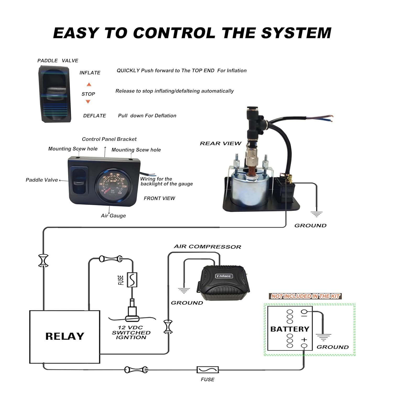 in Cab On Board Air Compressor System Air Pump System with Single Path Air Gauge Paddle Valve Gauge Air Line T Fittings for Trucks Vans