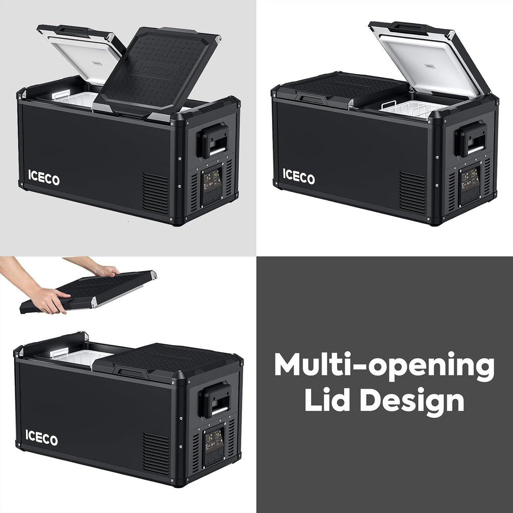 ICECO VL75 ProD Dual Zone Portable Refrigerator Multi-directional Lid, 79Qt 12 Volt Fridge with SECOP Compressor, Dual USB & DC 12/24V, AC 110-240V, 0℉-50℉, for Car, RV, Ouctdoor|With Sleeping Bag