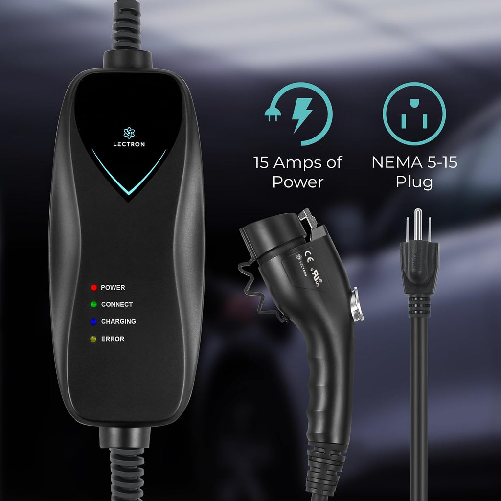 Lectron Level 1 J1772 Charger (WiFi Version) - 120V, 15 Amp, NEMA 5-15 Plug, 16 ft Extension Cord - Portable Electric Car Charger for J1772 Evs