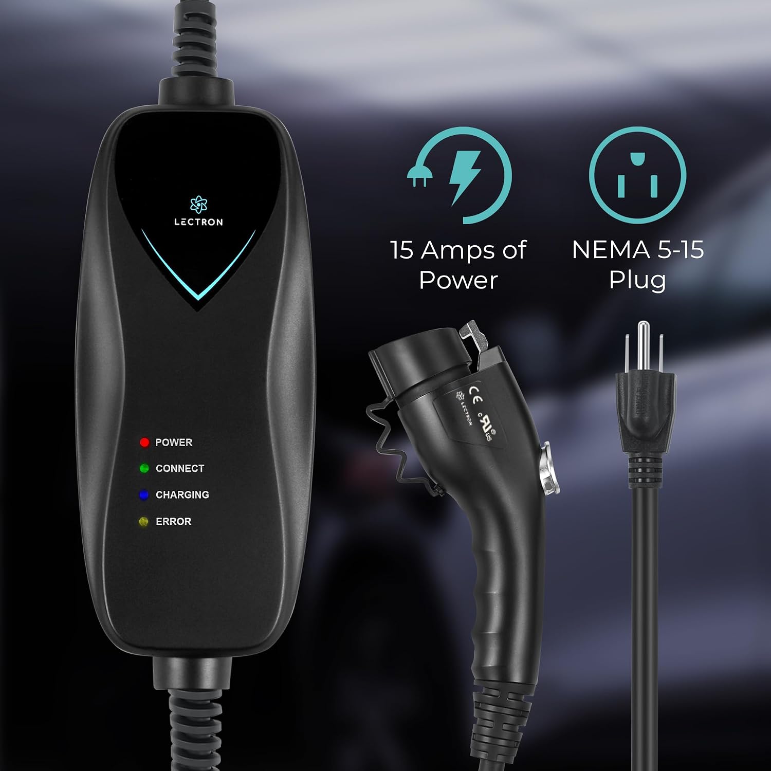 Lectron Level 1 J1772 Charger (WiFi Version) - 120V, 15 Amp, NEMA 5-15 Plug, 16 ft Extension Cord - Portable Electric Car Charger for J1772 Evs