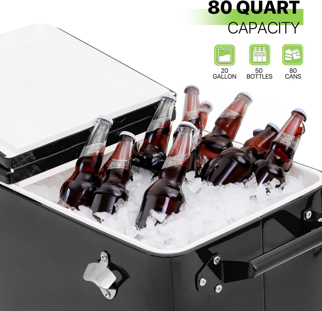 Magshion 80-Quart Patio Rolling Ice Chest Cooler Cart with Bottle Opener, Outdoor Ice Cooler Trolley with Wheels and Handle, Bar Drink Cooler Beverage Cart with Shelf for Party