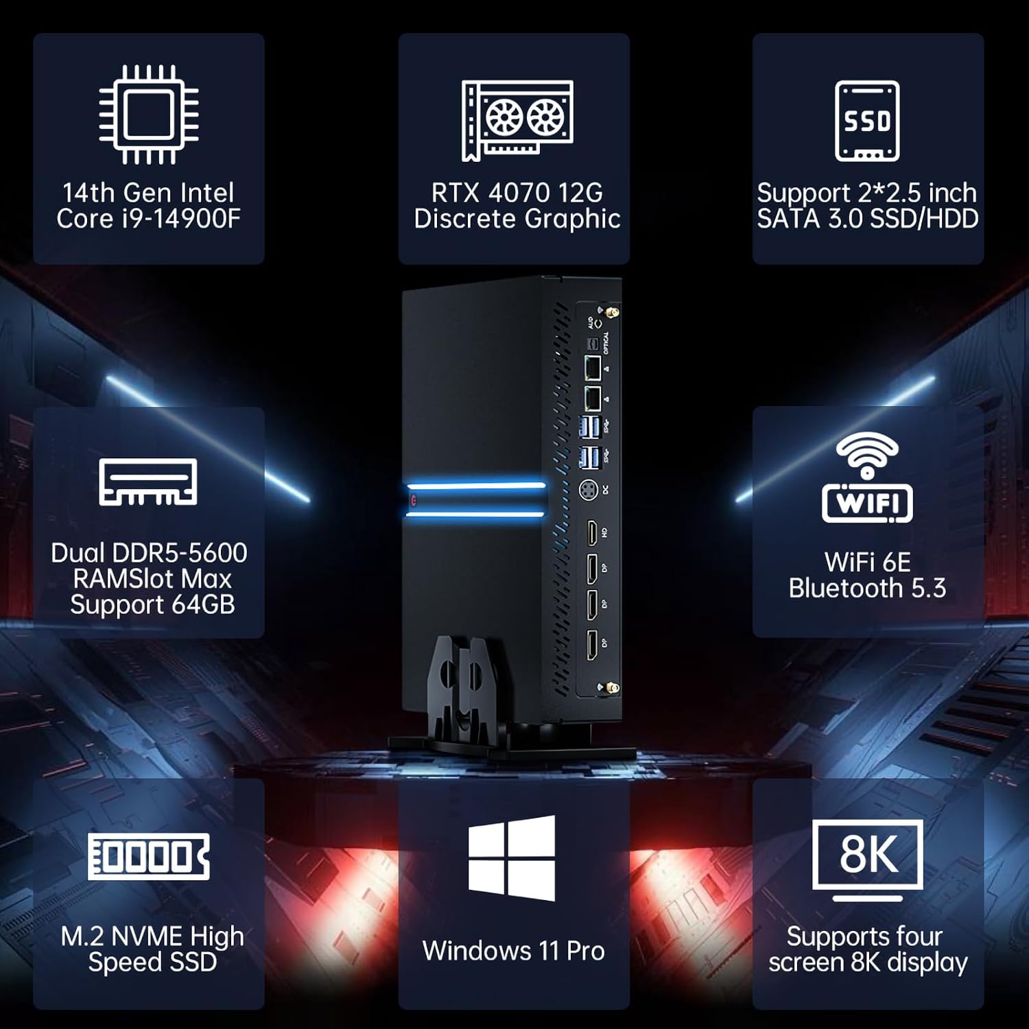 Thdeukoty Mini Gaming Pc Core i9-14900F(up to 5.8GHz) with RTX4070, Small Desktop Computers Win 11 Pro, 64G DDR5 RAM/2T M.2 SSD/WIFI6E/BT5.3/Dual LAN/USB 3.2/8K HDMI DP, Four Display for Game/Design