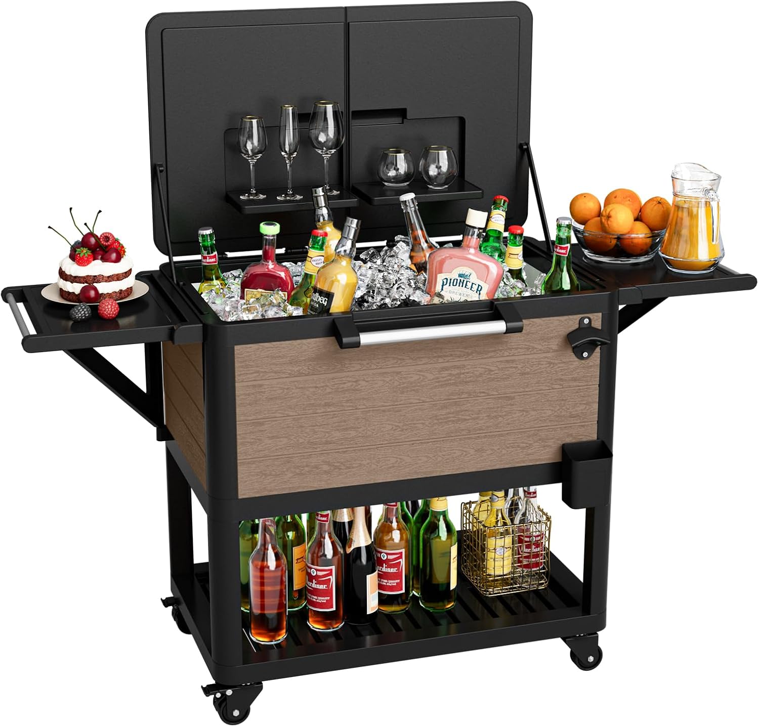 104 Quart Patio Rolling Ice Chest Cooler Cart with Wheels, Portable Mobile Outdoor Coolers Bar Cart with Storage Shelf & Bottle Opener for Drinks, Party, Camping, Backyard, Deck, BBQ（Brown）
