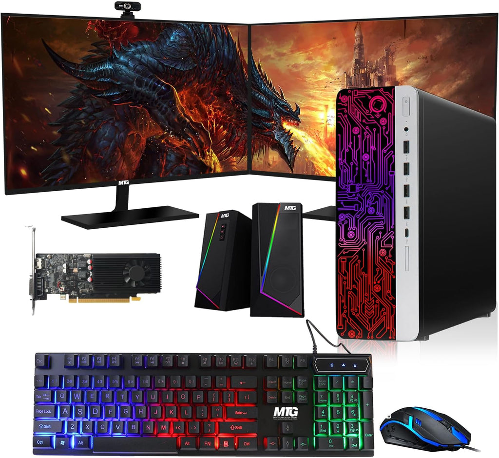 TechMagnet G3 Gaming Desktop PC, Intel Core i5 4th Gen, GT 1030 Graphics, 16GB RAM, 240GB SSD | 128GB SSD, MTG New 27-inch Dual Monitor, RGB Keyboard Mouse, Speaker, Webcam, Windows 11 Pro (Renewed)