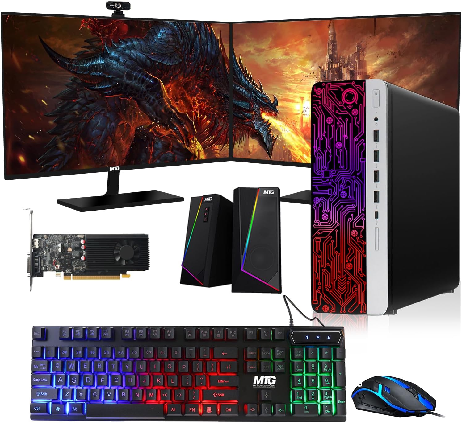TechMagnet G3 Gaming Desktop PC, Intel Core i5 4th Gen, GT 1030 Graphics, 16GB RAM, 240GB SSD | 128GB SSD, MTG New 27-inch Dual Monitor, RGB Keyboard Mouse, Speaker, Webcam, Windows 11 Pro (Renewed)