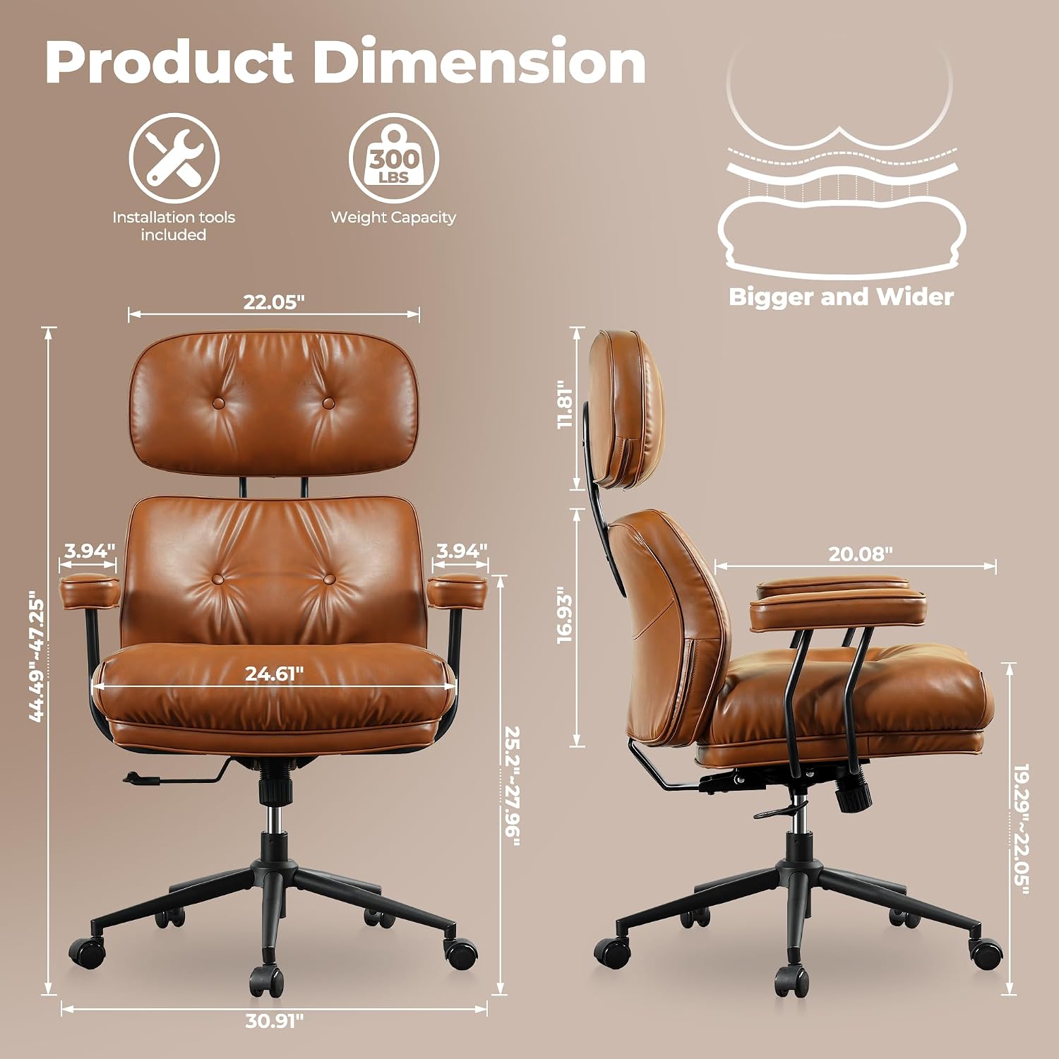 ovios Ergonomic Office Chair, High Back Faux Leather Executive Chairs with Thick Cushion, Comfy Mid-Century Modern Swivel Rolling Computer Armchair (Brown, PU Leather)