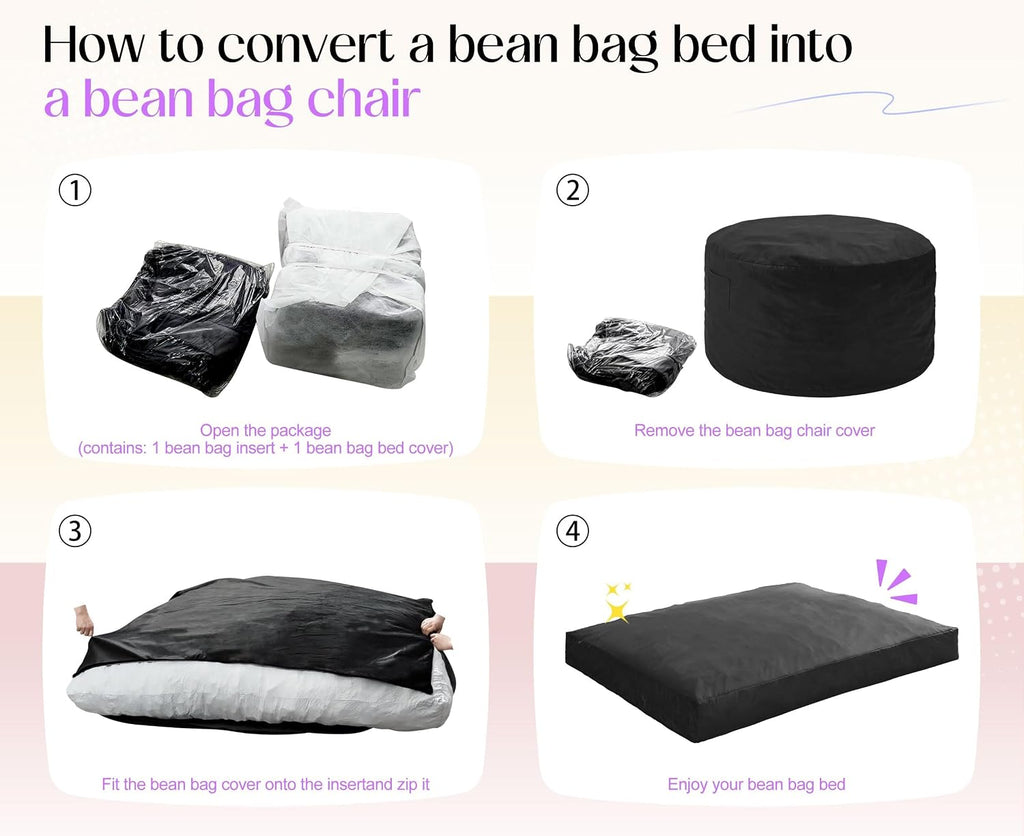 Hobestluk Giant Bean Bag Chair Bed for Adults, Large Bean Bags with High-Density Foam Filling, Convertible Big Sofa Bed Couch for Living Room, Bedroom, Playroom (Black, Twin)