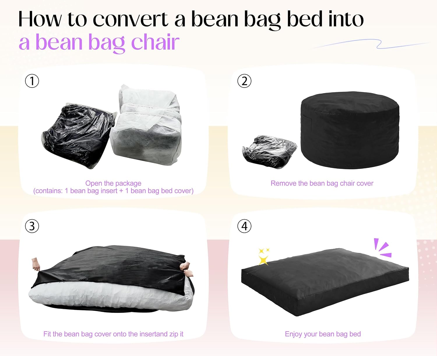 Hobestluk Giant Bean Bag Chair Bed for Adults, Large Bean Bags with High-Density Foam Filling, Convertible Big Sofa Bed Couch for Living Room, Bedroom, Playroom (Black, Twin)