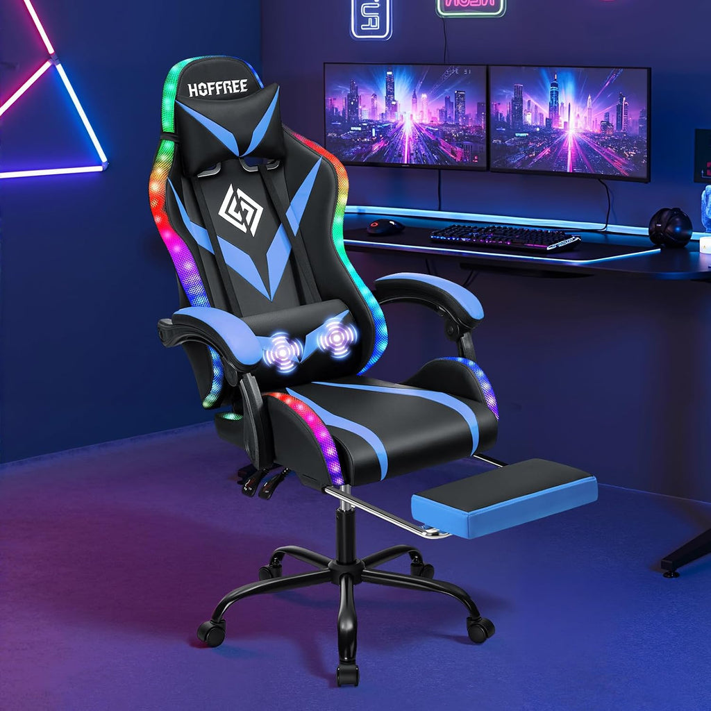 HOFFREE Gaming Chair with Massage and LED Lights Ergonomic Video Game Chairs with Footrest High Back Reclining Computer Chair with Adjustable Lumbar Support Blue and Black