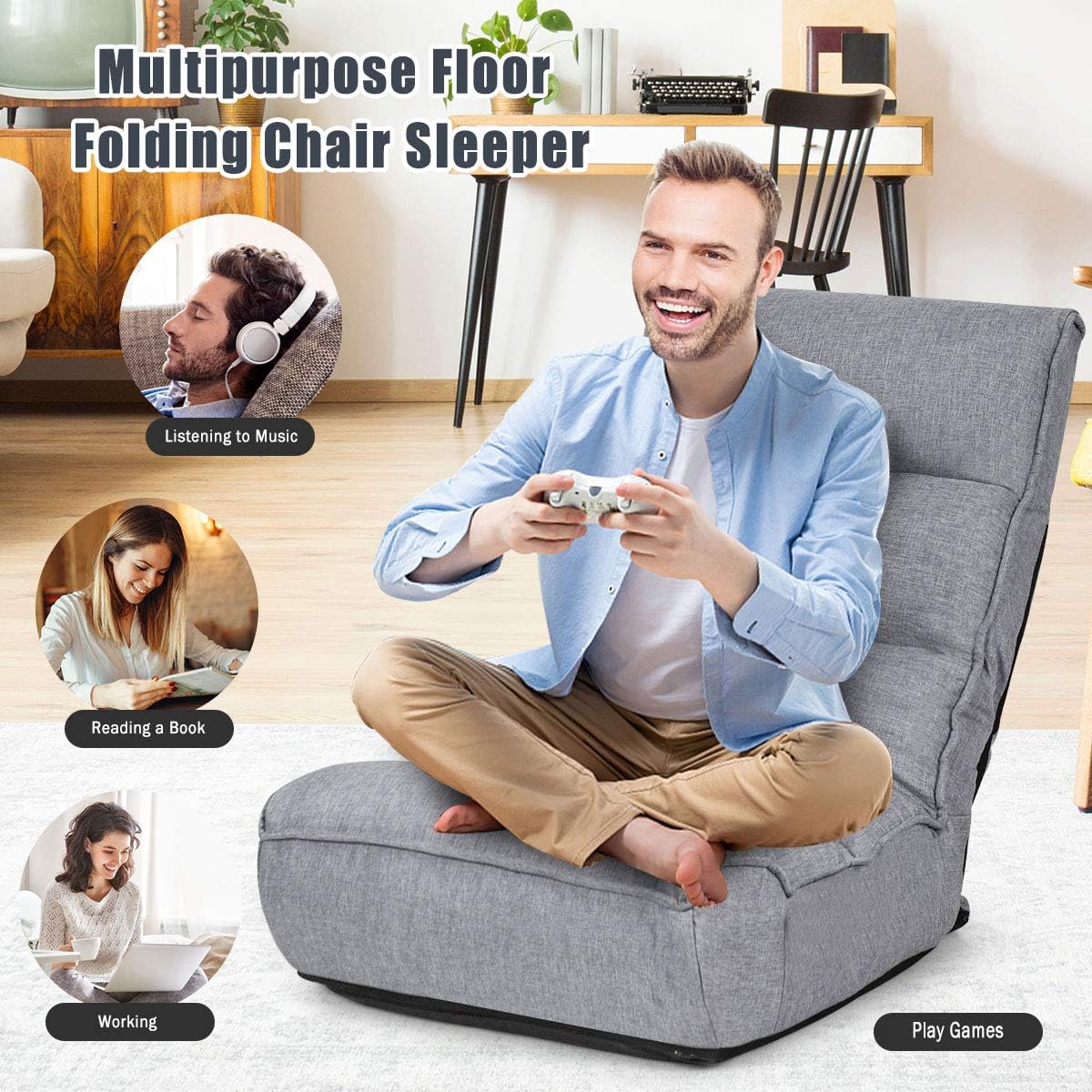 ARLIME 4-Position Adjustable Floor Chair, Armless Floor Gaming Chair w/Back Support & Soft Cushion, Memory Foam Floor Lazy Sofa Chair for Gaming, Reading, Meditating (Gray), Grey