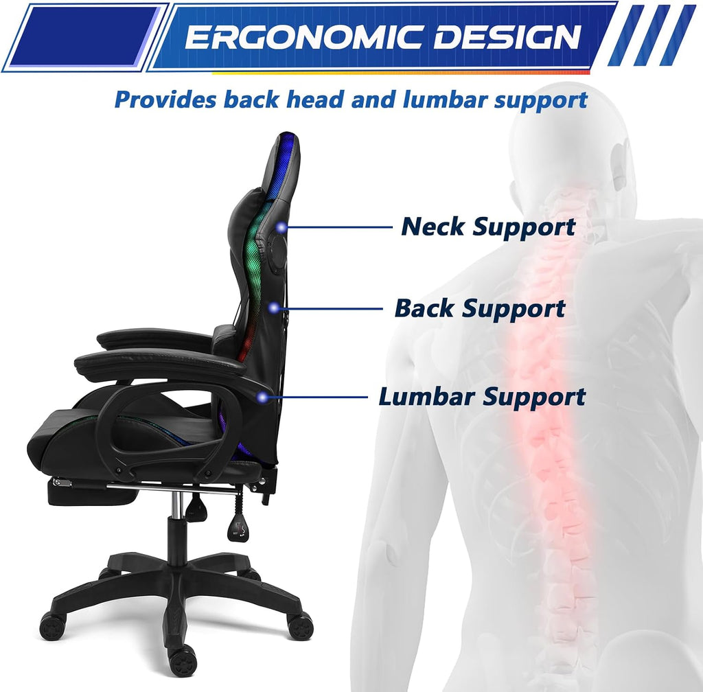 Computer Gaming Chair with Speakers and Massage RGB Video Game Chair Ergonomic Gamer Chair Racing Chair PU Leather High Back Recliner Chair with Lumbar Support Headrest Armrest,Black