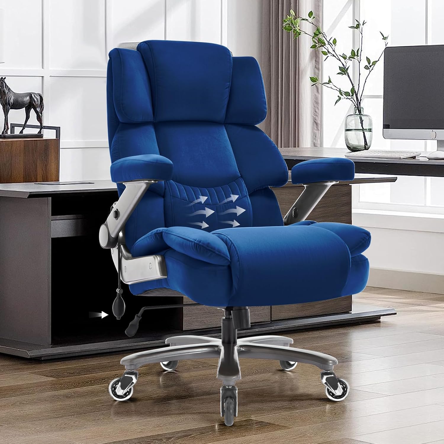 VUZI 700LBS Large Heavy Duty Office Chair with 3D Flip Arms, Big and Tall Plus Size Fabric Executive Desk Chairs, High Back Extra Wide Computer Chair with Adjustable Lumbar Support, Sturdy Metal Base