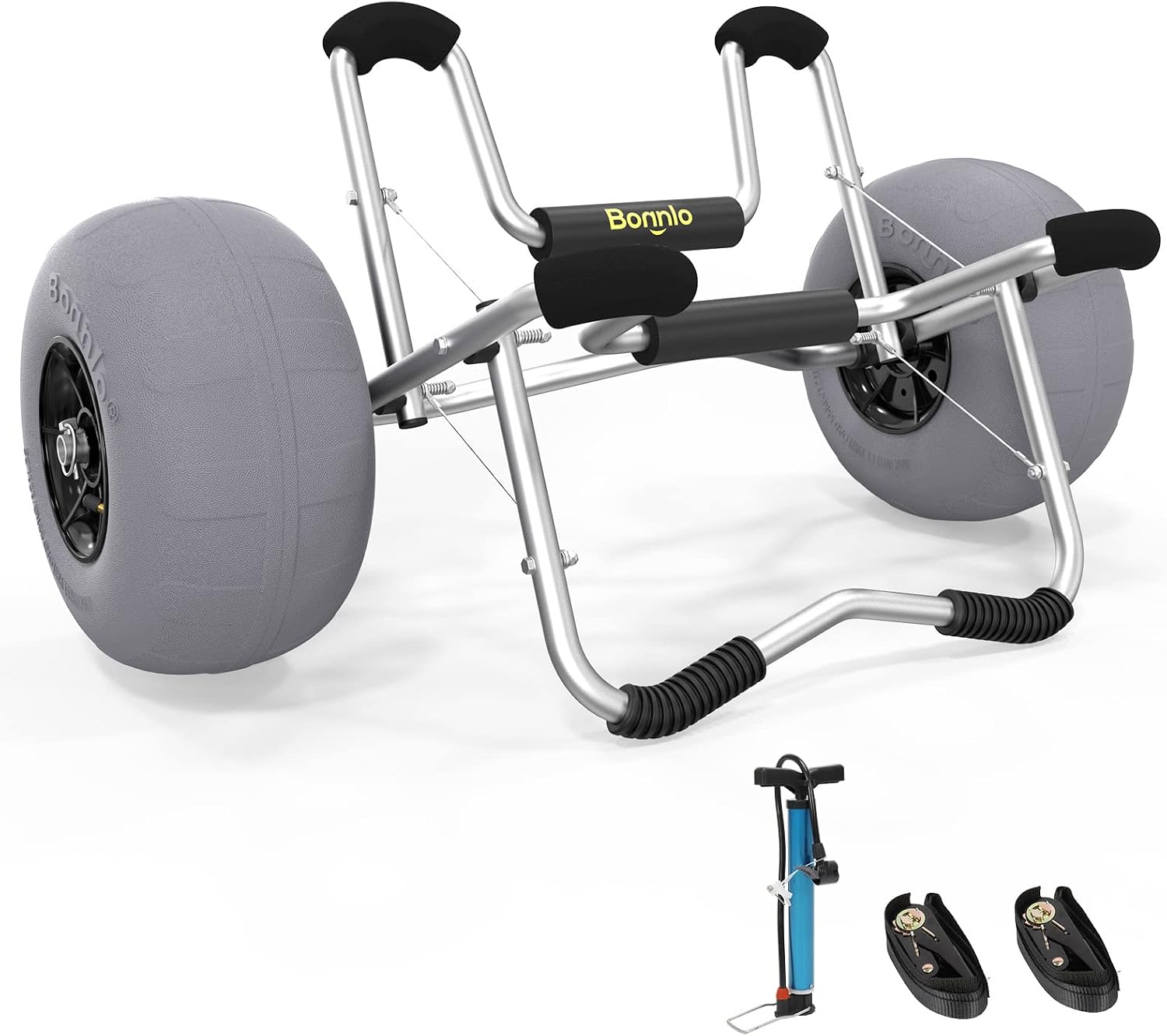 Bonnlo Kayak Cart Trolley Canoe Paddle Board Boat Cart Carrier Dolly with 12' Big Beach Wheels Balloon Kayak Transport Wheels Cart Foldable, Free Pump, 2 Ratchet Straps- Perfect for Soft Sand