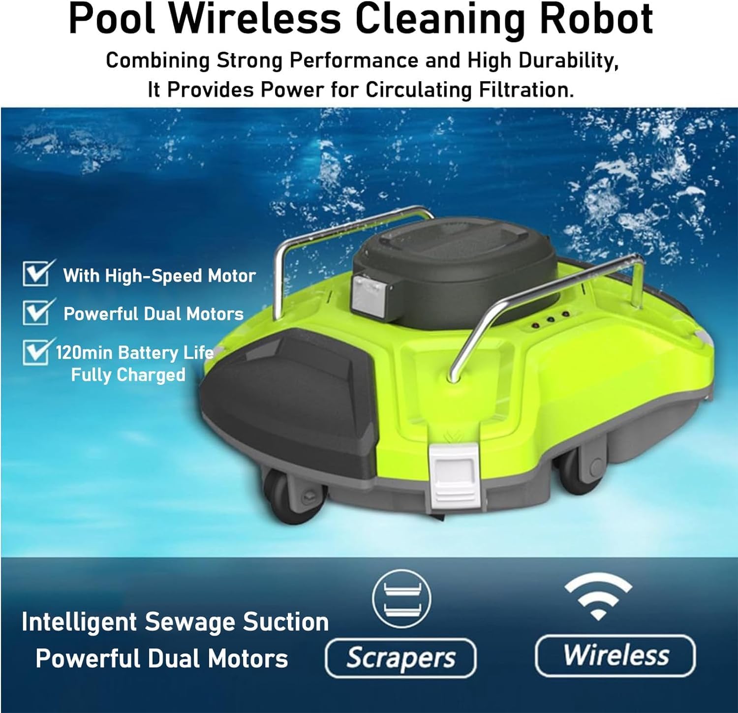 Cordless Robotic Pool Cleaner, Intelligent Cordless Pool Cleaning Robot, Strong Suction Dual Motors, Automatic Pool Vacuum Cleaner, for Above Ground & In-Ground Pools,White