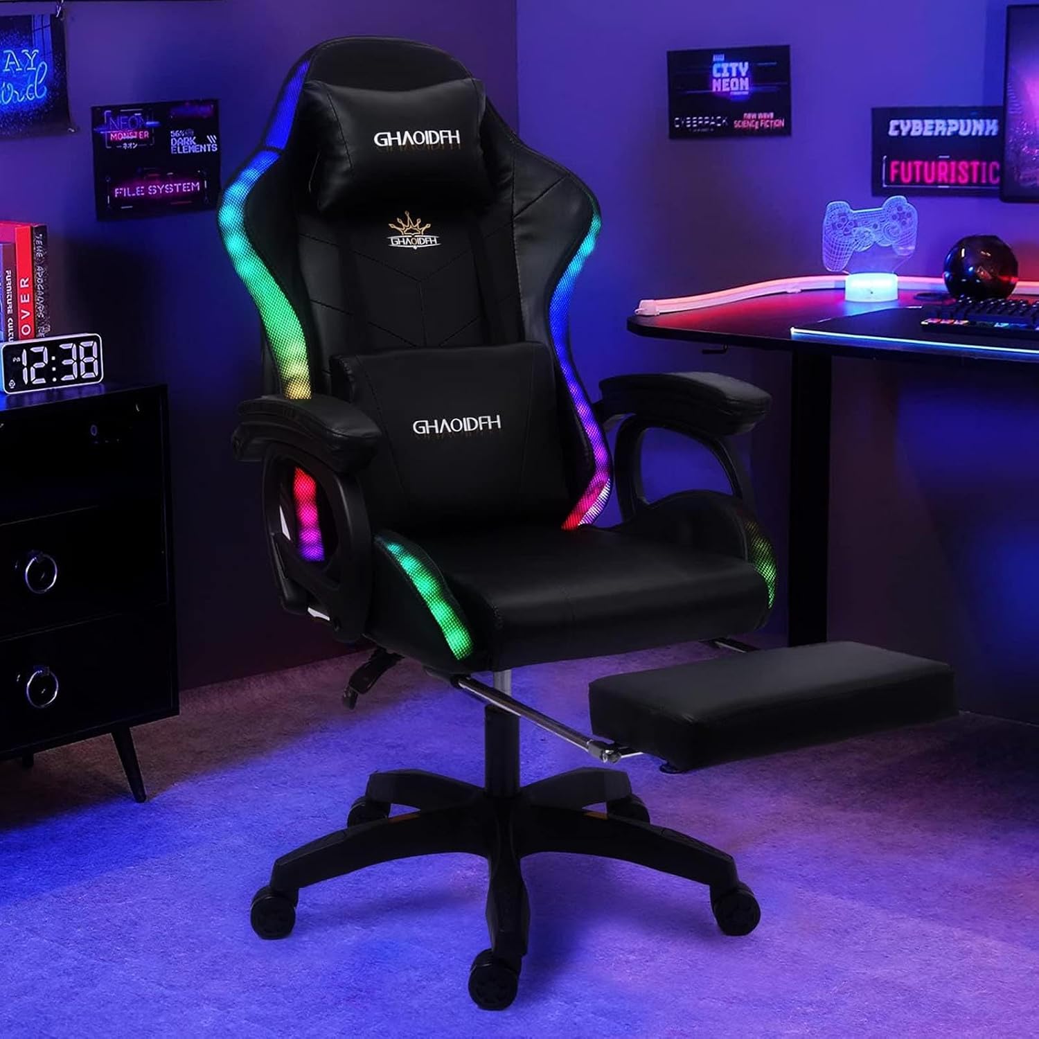 Gaming Chair with Bluetooth Speakers,Computer Chair Massage with LED Lights,Ergonomic Game Chair,Computer Stool with Footrest and Lumbar Support Height Adjustable with 360°-Swivel Seat (Black)