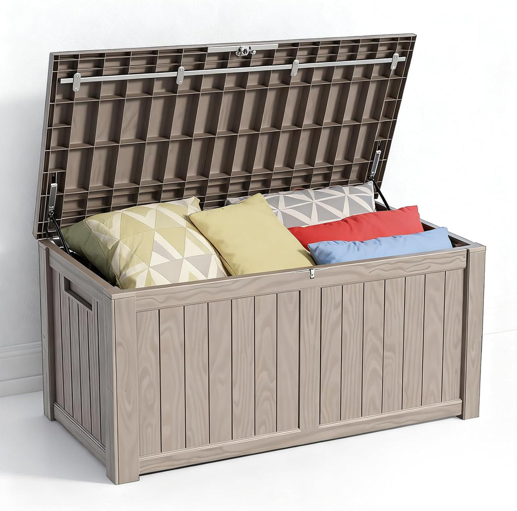 Zapdos Outdoor Storage Box, 120 Gallon Deck Box with Stainless Steel Rods, Waterproof Large Resin Storage Bin for Patio Cushions Garden Tools, Lockable Outside Storage Box, Grey