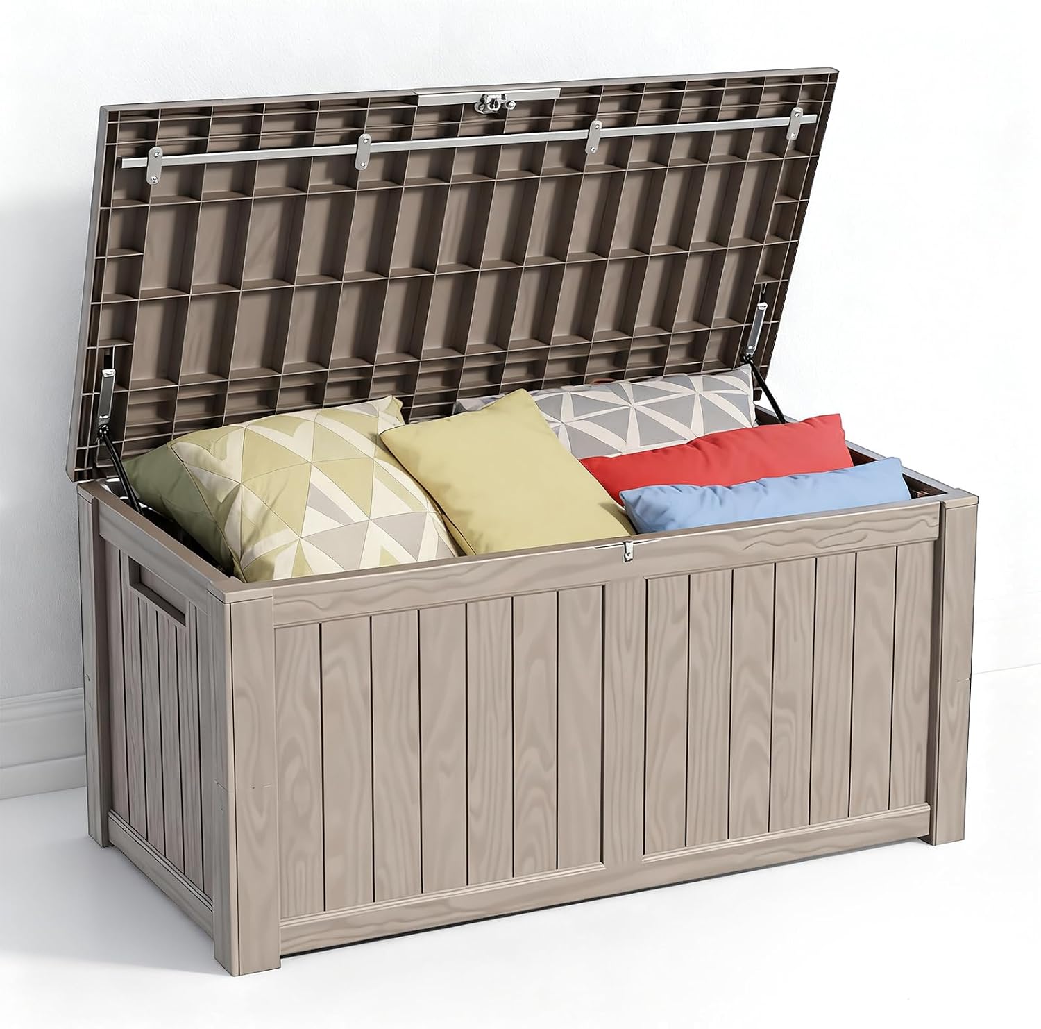 Zapdos Outdoor Storage Box, 120 Gallon Deck Box with Stainless Steel Rods, Waterproof Large Resin Storage Bin for Patio Cushions Garden Tools, Lockable Outside Storage Box, Grey