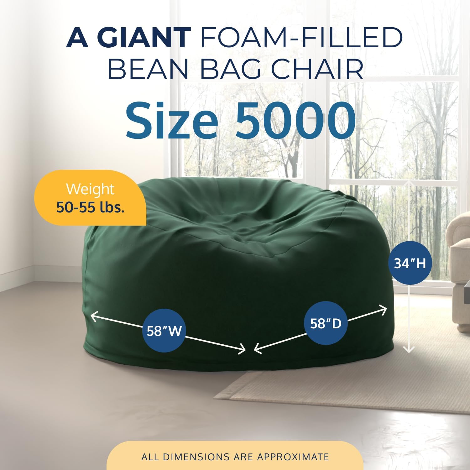 ULTIMATE SACK 5ft Bean Bag Chair, Oversize Bean Bag Chair for Adults, Comfy Chair Bean Bag Couch Lounge Sofa Loveseat Furniture | Hunter Green Suede