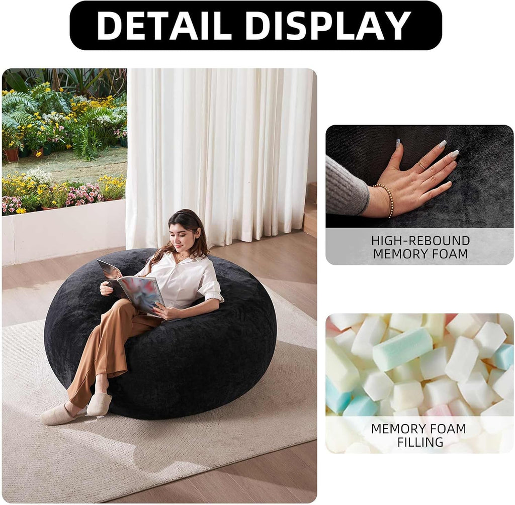 SANAE Oversized 5FT Memory Foam Bean Bag Chair for Adults - Black Corduroy Fabric with Filling, Comfy Gaming & Movie Beanbag Sofa Floor Couch, Large Lounger for Living Room/Dorm/Classroom/Bedroom
