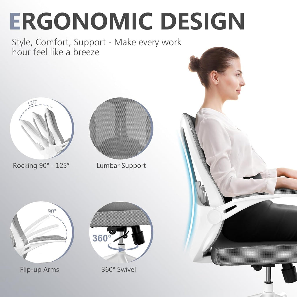 300 LBS Ergonomic Office Computer Mesh Chair - Adjustable Height Rolling Desk Chair with Flip-Up Armrests & High Back Support - Comfortable Swivel Task Chair for Home Office