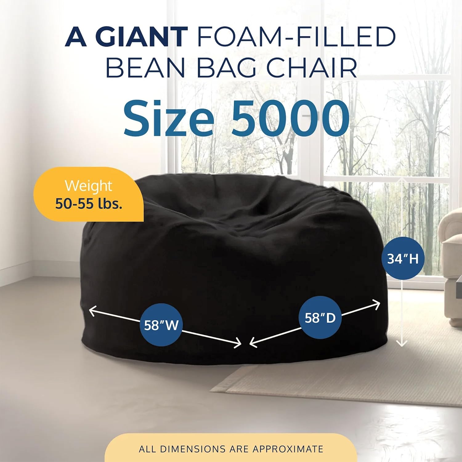 Ultimate Sack 5000 5-Foot Bean Bag Chair, Charcoal Fur Cover – Oversized Foam Lounger, Floor Seat, Small Sofa, or Couch Bed for Living Area, Gaming Room, or Reading Lounge