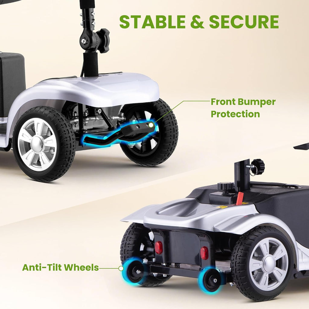 Mobility Scooter for Adults, Senior, 4 Wheels Electric Powered Chargeable Device for Travel, Lightweight and Portable, with LED Headlights and Basket, Charger Included, Red/Blue (Silver/Black)