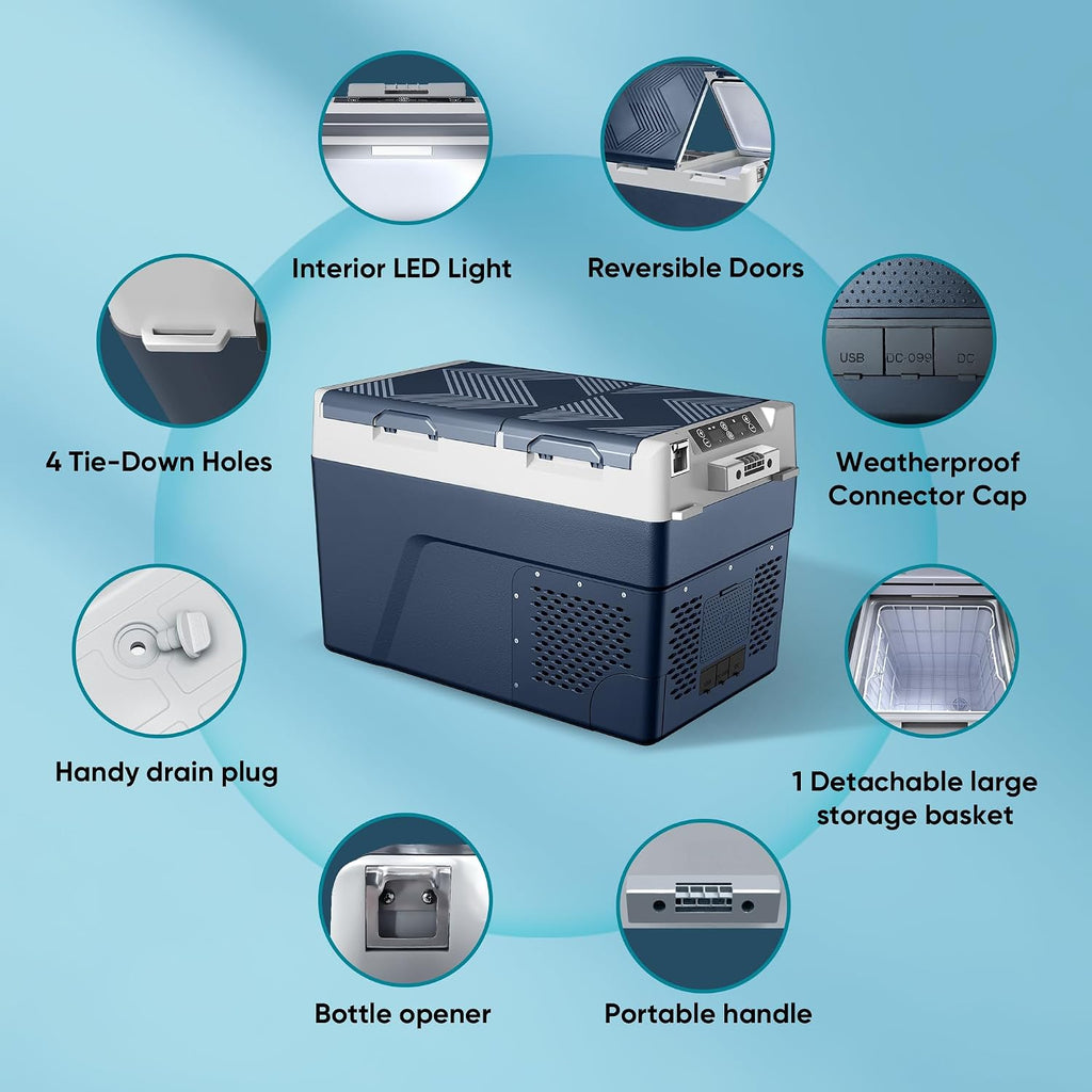 Feelfunn 12 Volt Refrigerator Electric Cooler - 40QT(38L) Dual Zone Portable Fridge, Car Fridge -4℉~68℉, Car Refrigerator 12/24V DC 100-240V AC, Portable Freezer for Travel Camping RV Home - Blue