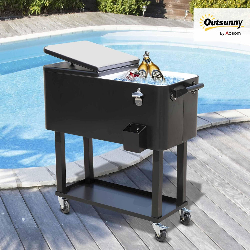 Outsunny 80 QT Rolling Cooling Bins Ice Chest on Wheels Outdoor Stand Up Drink Cooler Cart for Party, Black