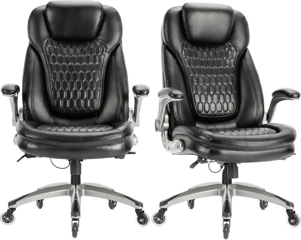 COLAMY High Back Executive Office Chair (Set of 2), Ergonomic PU Leather Desk Chairs with Flip-Up Arms and Upgraded Swivel Casters, Comfortable Computer Chairs for Home Office – Black