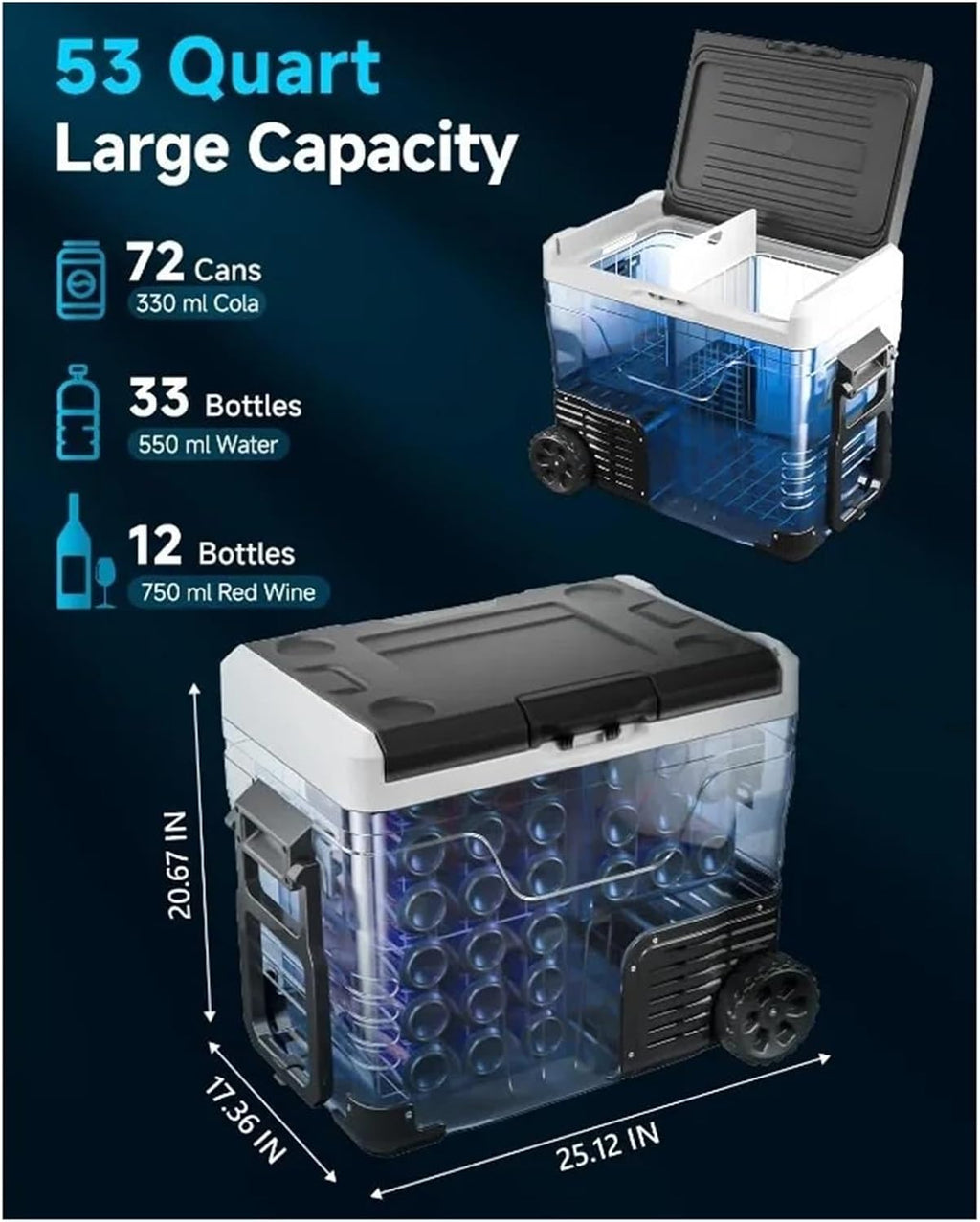 Car Fridge Portable 12 Volt Refrigerator - 53 Quart(50L) Electric Cooler With 12/24V DC&110-240V AC, Cooler With Wheels, -4~68°F