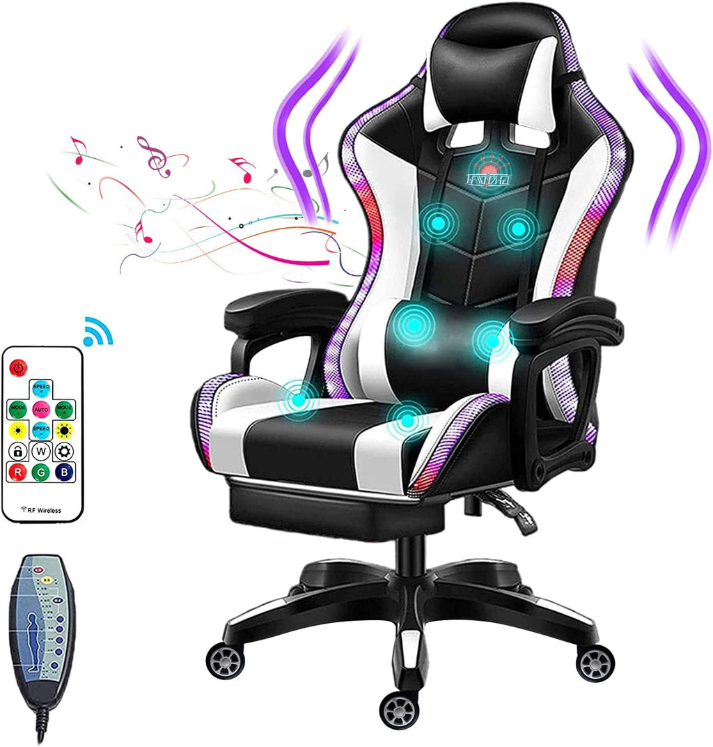 Gaming Chair Massage with Footrest, RGB Gaming Chair with Speakers Video Game Chair with Headrest and Lumbar Support Backrest Adjustable Reclining Gamer Chair