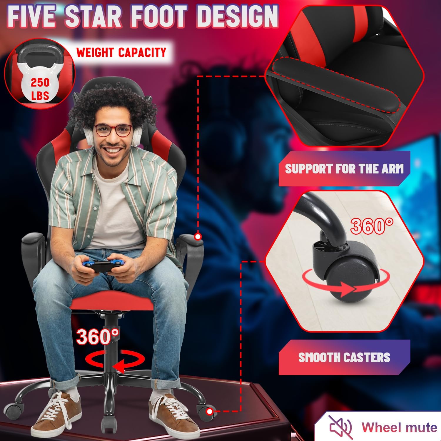 Dopinmin PU Leather Ergonomic Gaming Chair Esports Computer Chair Boss Chair with Lumbar Cushion and Retractable Footrest Video Game Chair for Streaming,RED