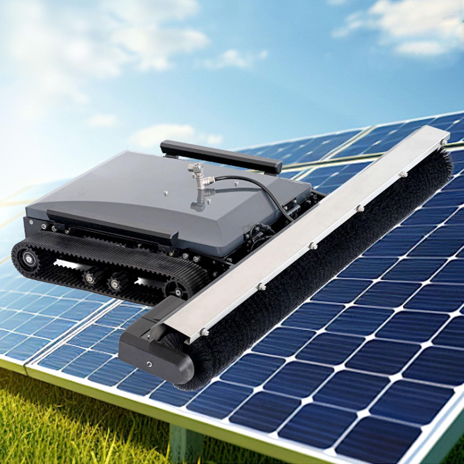 Industrial Solar Panel Cleaning Robot with Remote, 130cm Brush Width, 4-5H Runtime, 1170m2/h Efficiency, Max 15° Incline, Dry/Wet Cleaner for Solar Farms
