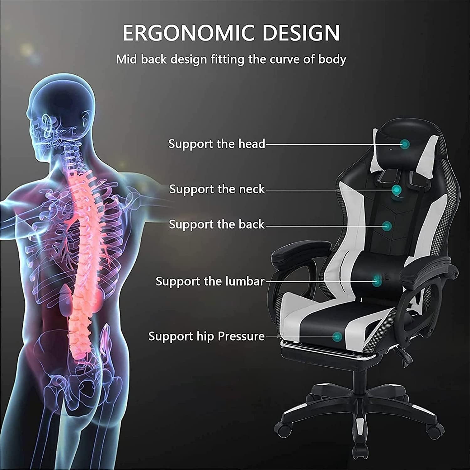 Ergonomic Massage Gaming Chair, Office Chair with Lumbar Support and Footrest, Video Gaming Chair with RGB Lights and Speakers, Adjustable Linkage Armrests and Backrest PC Chair,White