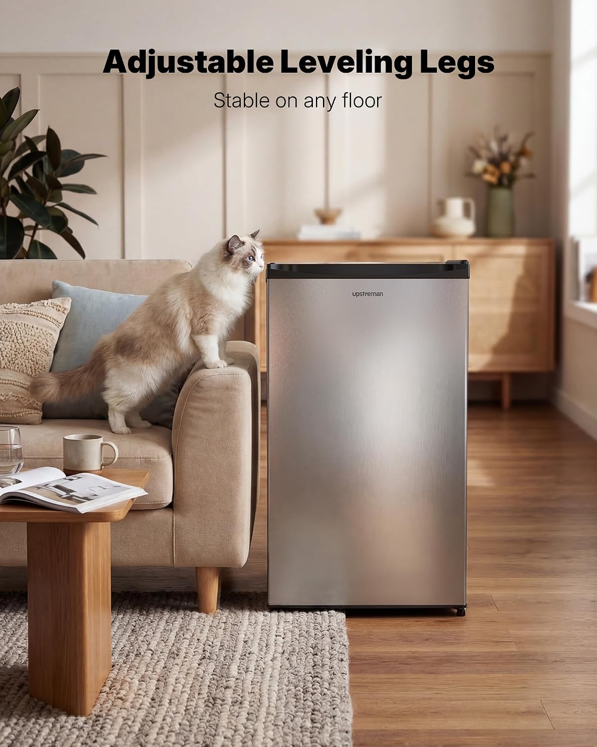Upstreman 3.2 Cu.Ft Mini Fridge with Freezer, Single Door Compact Refrigerator, Adjustable Thermostat, Small Refrigerator for Dorm, Bedroom, Office, Stainless Steel-SR321