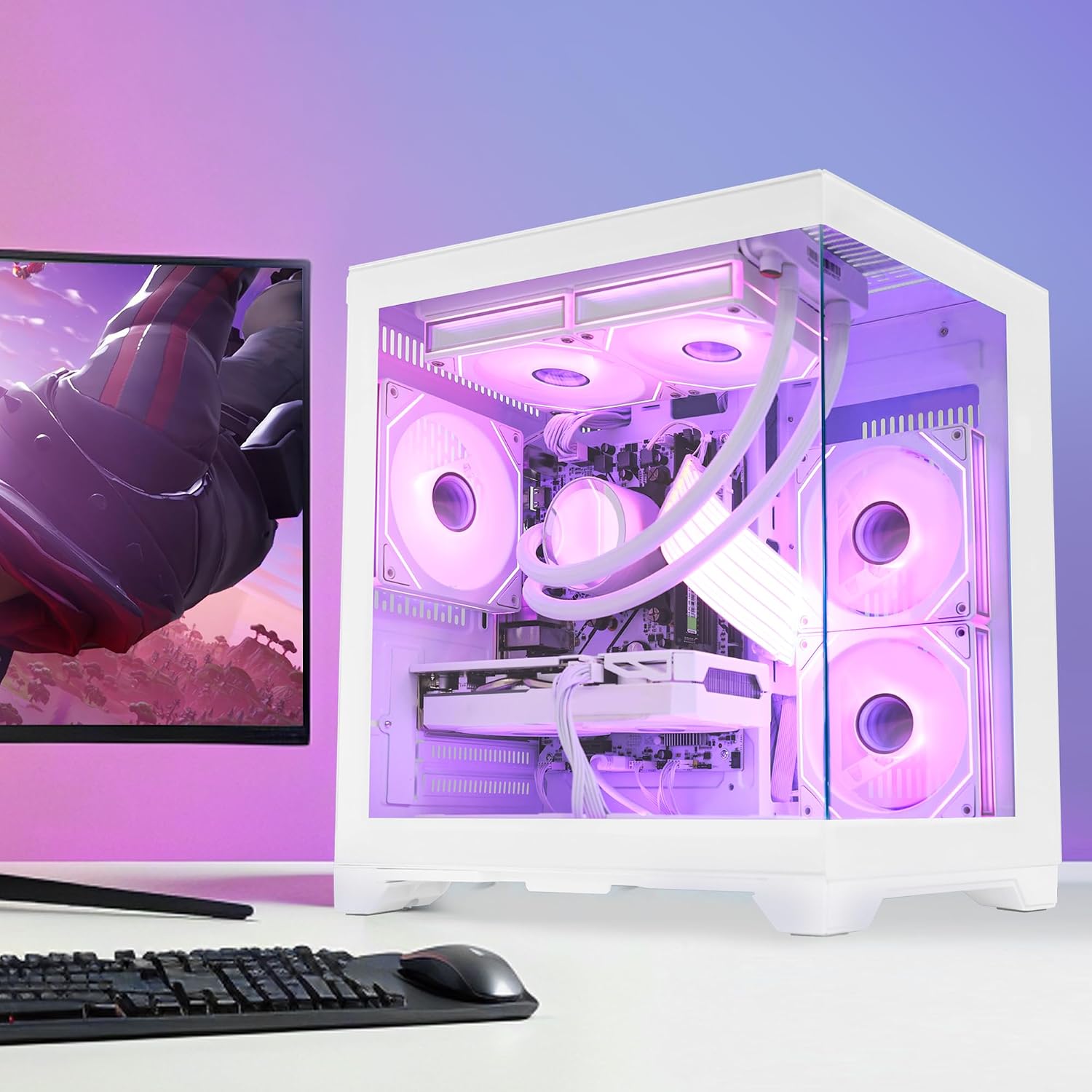 White RGB Prebuilt Gaming Desktop PC, AMD Ryzen 7 5700X 3.4GHz, GeForce RTX 5060 8GB, 32GB DDR4 RAM, 1TB PCIe SSD, 240mm AIO Liquid Cooler, WiFi Bluetooth, Windows 11 Gaming Tower Computer