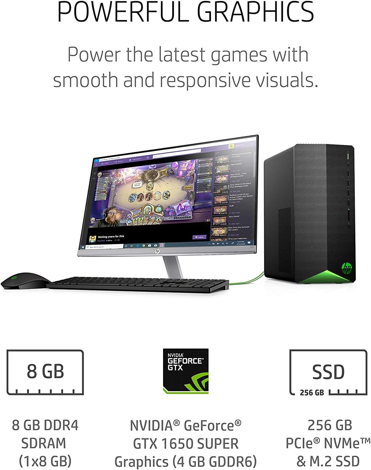 2021 HP Pavilion Gaming Desktop Computer, AMD Ryzen 5 3500 Processor, 8GB RAM, 256GB PCIe NVMe SSD, GeForce GTX 1650 Super 4GB, Windows 10 Home