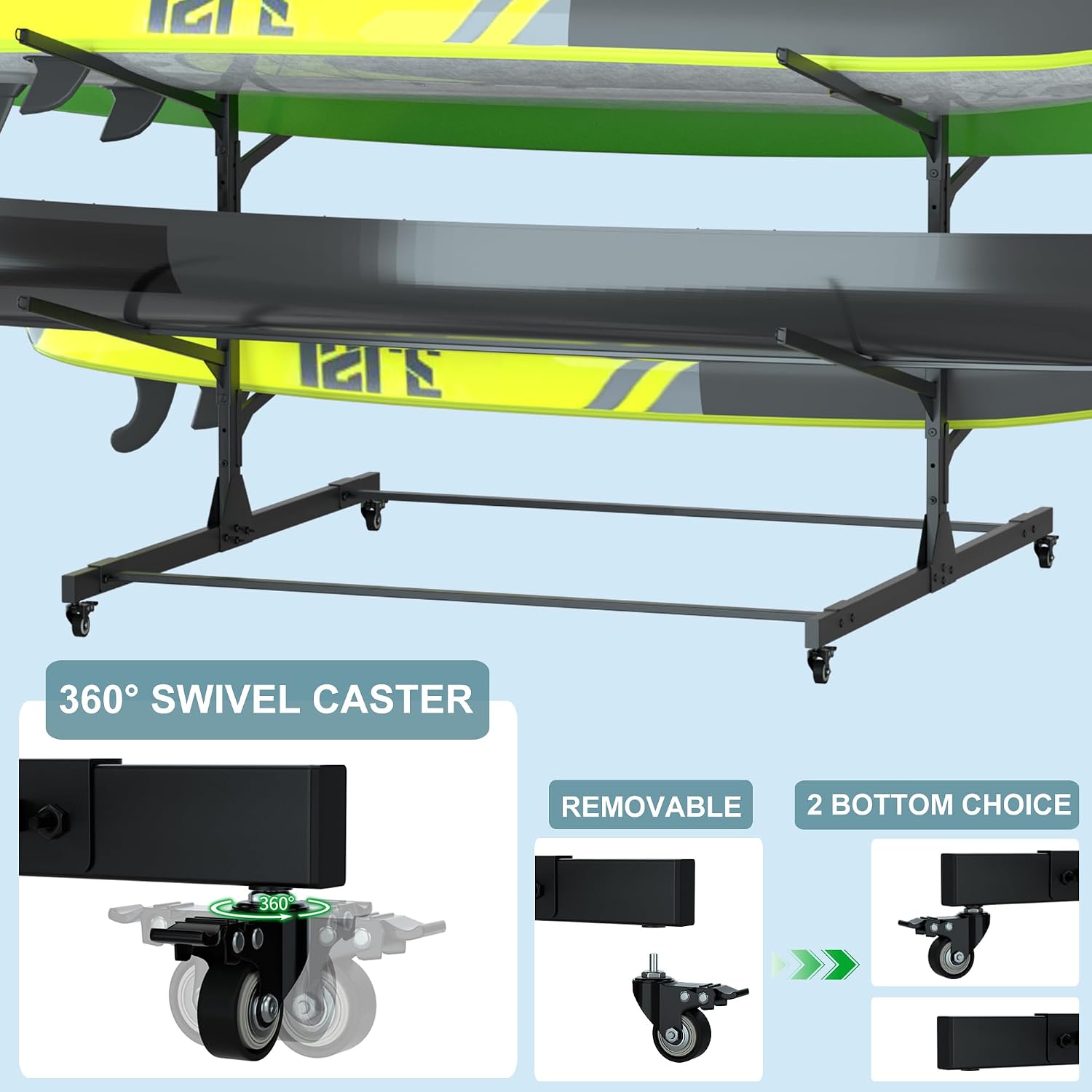 RELIANCER Freestanding Kayak Storage Rack w/Wheel,Adjustable Kayak Stand for Boat Dock,Garage,Indoor & Outdoor Canoe and Kayaks Holder,Water Sport Watercraft Storage Rack for SUP,Surfboard