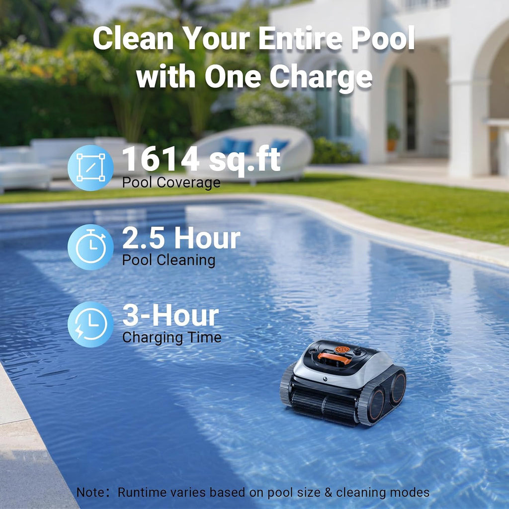 Pool Vacuum for Inground Pools, 4-in-1 Cordless Robotic Pool Cleaner for Above Ground Pools,Triple-Motors,Wall & Waterline Cleaning, App Support, OTA Upgrade up to 1,614 Sq.ft (White Orange)
