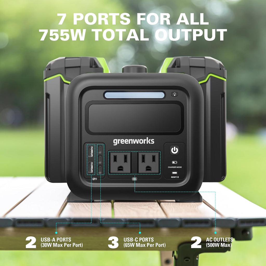 Greenworks 40V 500W Portable Power Station, 4-Slot Inverter, 2 AC Outlets, 5 USB Ports, Smart APP Control Power Generator, Outdoor Backup Power Supply (POWER 75+TOOLS, BATTERY SOLD SEPARATELY),Black
