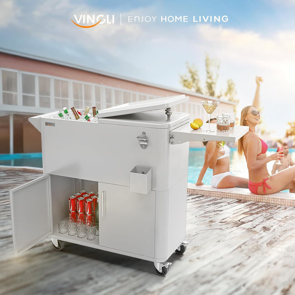 VINGLI 80 Quart Rolling Ice Chest on Wheels, Portable Patio Party Bar Drink Cooler Cart, with Shelf, Beverage Pool with Bottle Opener,Water Pipe