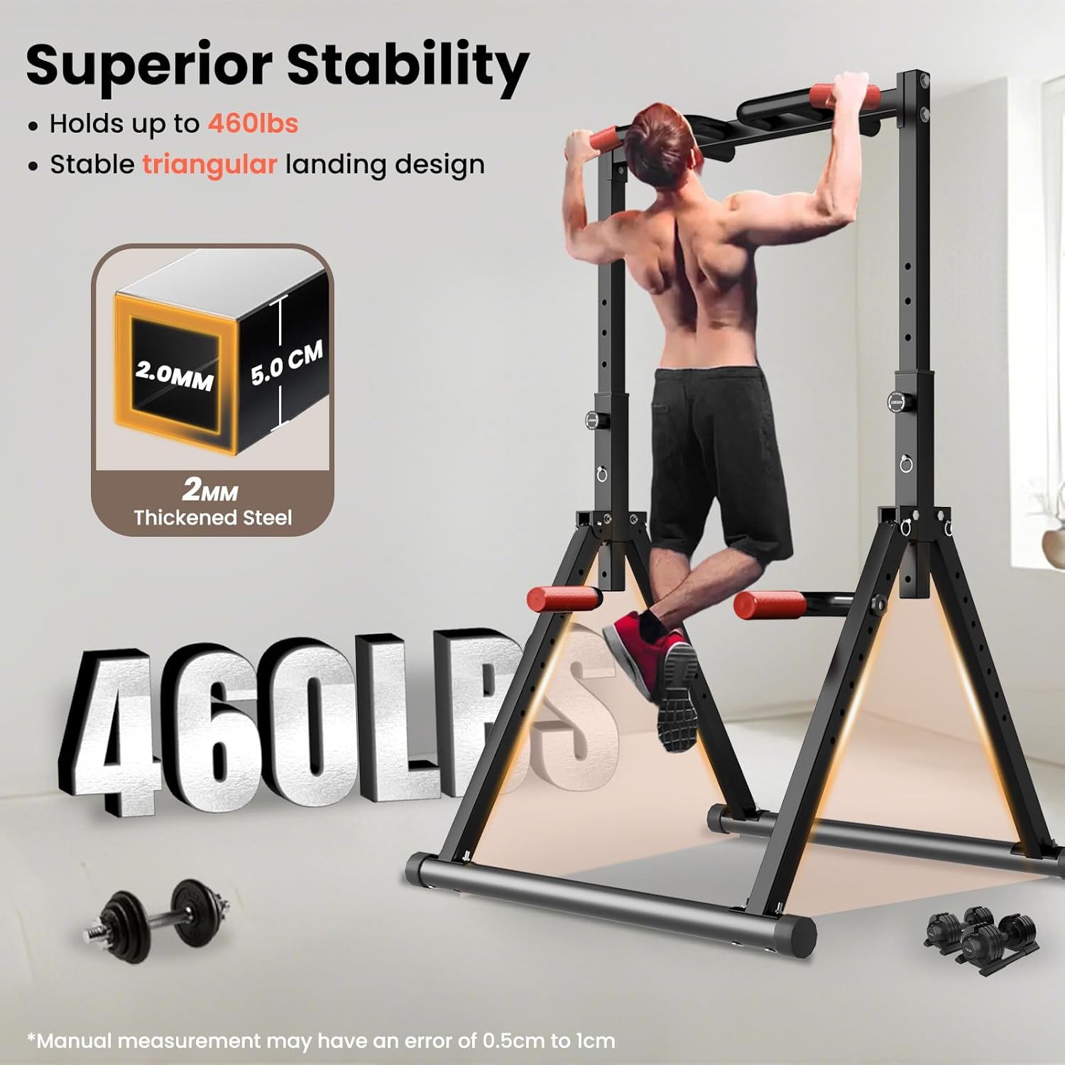 WATBKHE Power Tower Pull Up Dip Station Foldable, Pull Up Bar Station Adjustable, Multi-Function Home Gym, Strength Training Fitness Equipment, Triangular Design, for Home Outdoor