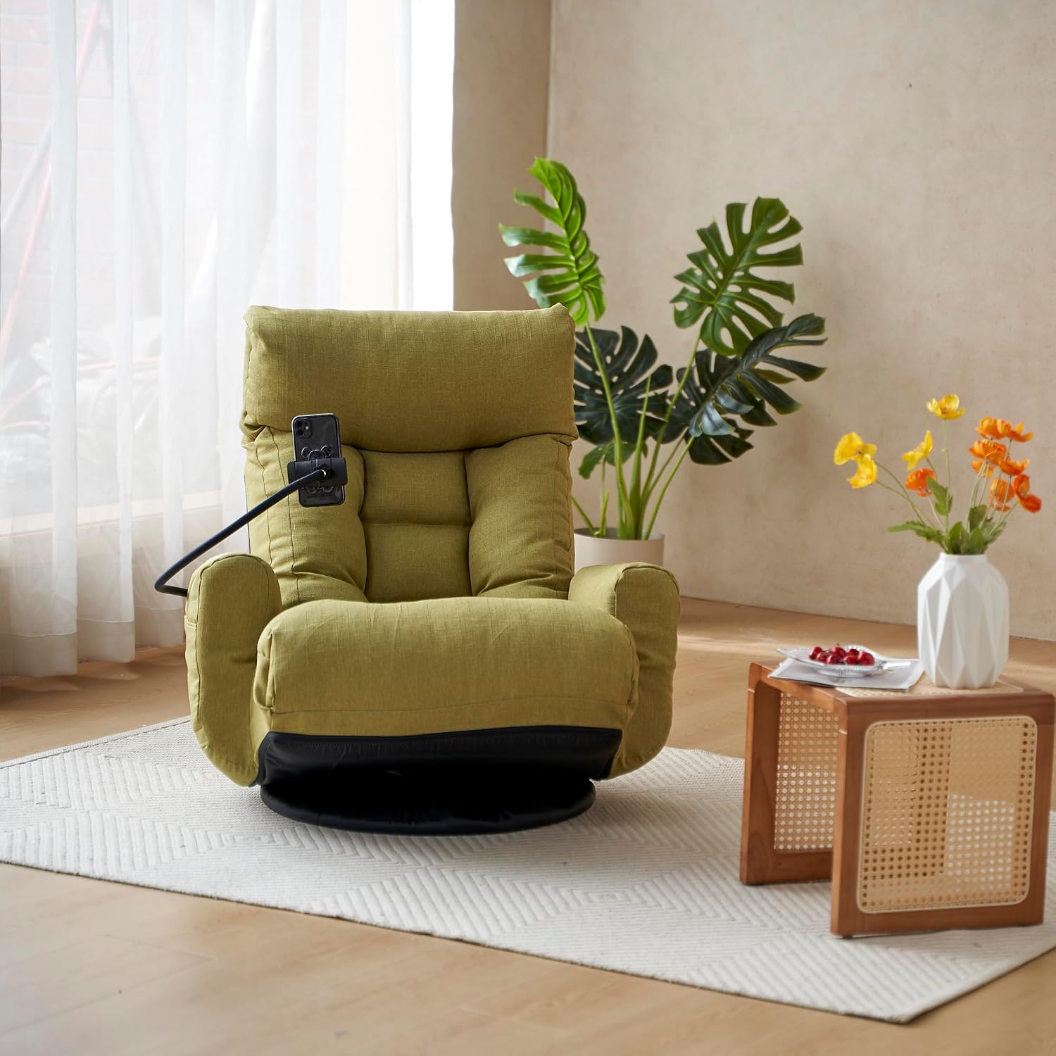 Yoglad Japanese Style Chaise Lounge Sofa with Phone Holder, 360-Degree Swivel Chair Floor Gaming Chair Lazy Sofa for Reading Game Meditating, 3 Adjustable Positions (Linen Lime Green)