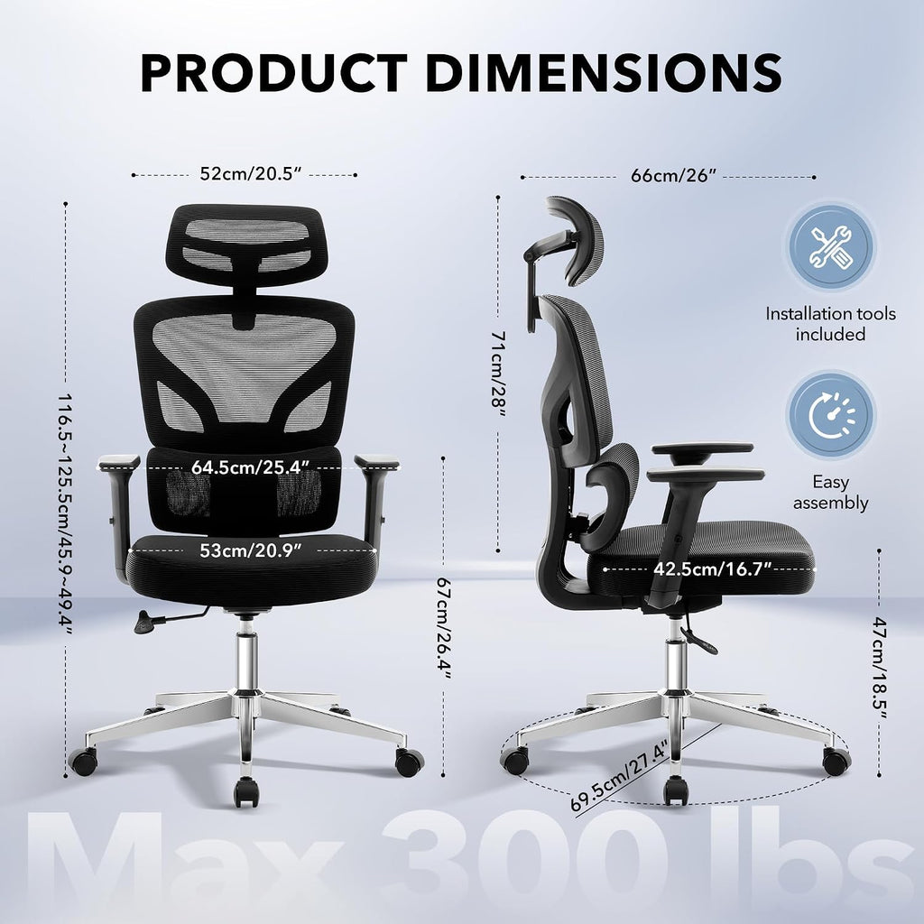 Office Chair Ergonomic Desk Chair - Home Mesh Office Desk Chair with Adjustable Lumbar Support, High-Back Computer Gaming Chair with Headrest 3D Armrests, Rolling Swivel Task Chairs for Home, Office