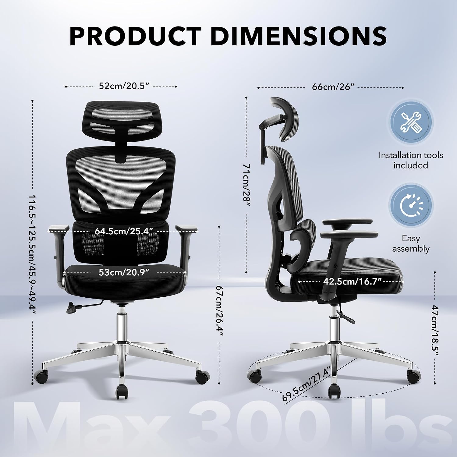 Office Chair Ergonomic Desk Chair - Home Mesh Office Desk Chair with Adjustable Lumbar Support, High-Back Computer Gaming Chair with Headrest 3D Armrests, Rolling Swivel Task Chairs for Home, Office