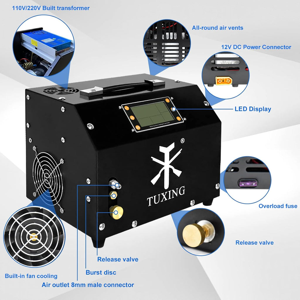 TUXING PCP Air Compressor 4500Psi, LCD Display, Auto-Stop High Pressure Compressor, Equipped with Water Cooling System,Scuba Diving Tank Pcp Air Rifles Charging 110V (TXET063+0.5L+B)