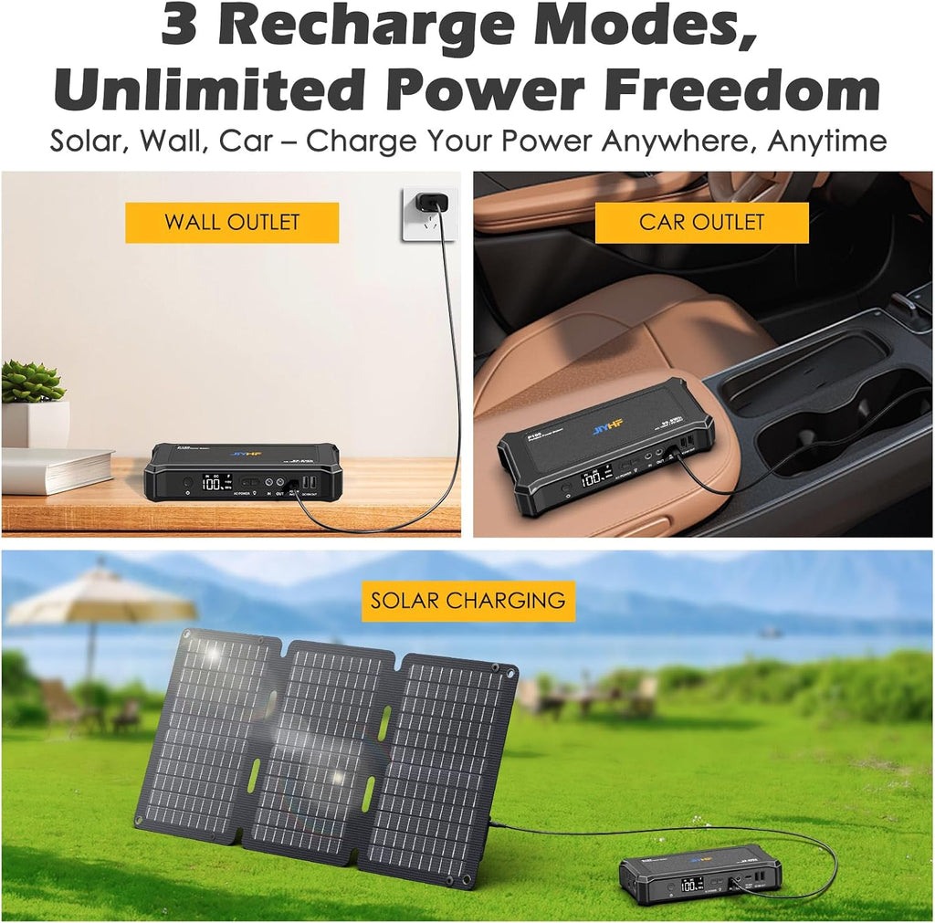 JIYHF Portable Power Station with 30W Foldable Solar Panel - 99.9Wh Backup Battery, 100W AC & 65W USB-C PD Fast Charging Ideal for Outdoor Work, Compatible with iPhone16 Series, iPad, MacBook, Laptop