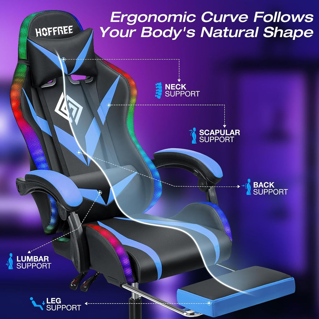HOFFREE Gaming Chair with Massage and LED Lights Ergonomic Video Game Chairs with Footrest High Back Reclining Computer Chair with Adjustable Lumbar Support Blue and Black