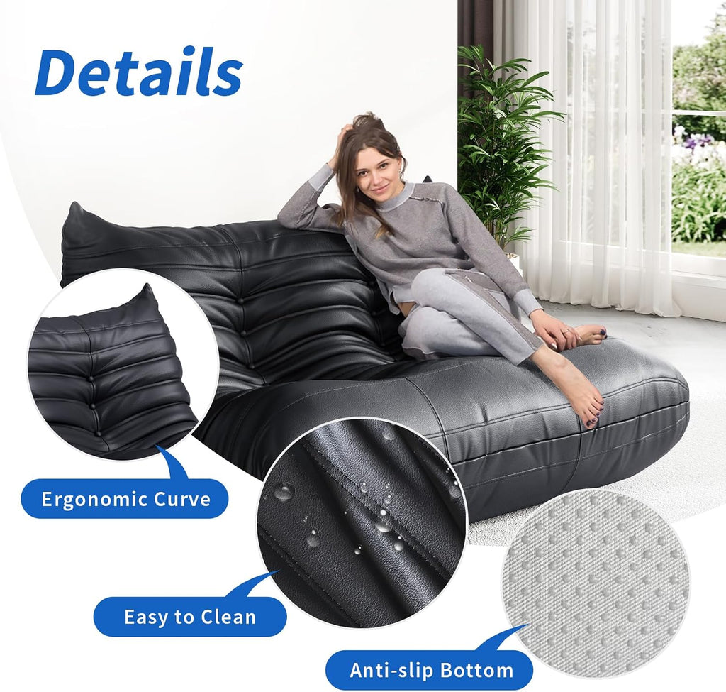 Fireside Corner Bean Bag Chairs for Adults,Comfy Lazy Floor Sofa Couch, Soft Lounge Foam-Filled Single Chair for Living Room Bedroom Office,Black