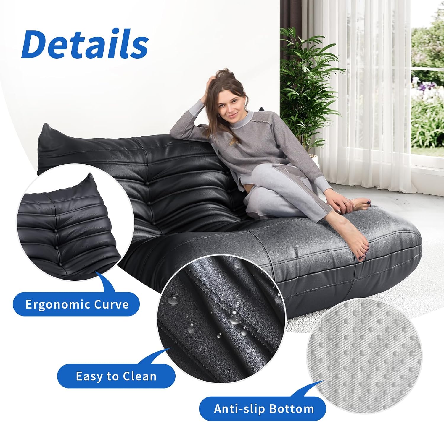 Fireside Corner Bean Bag Chairs for Adults,Comfy Lazy Floor Sofa Couch, Soft Lounge Foam-Filled Single Chair for Living Room Bedroom Office,Black
